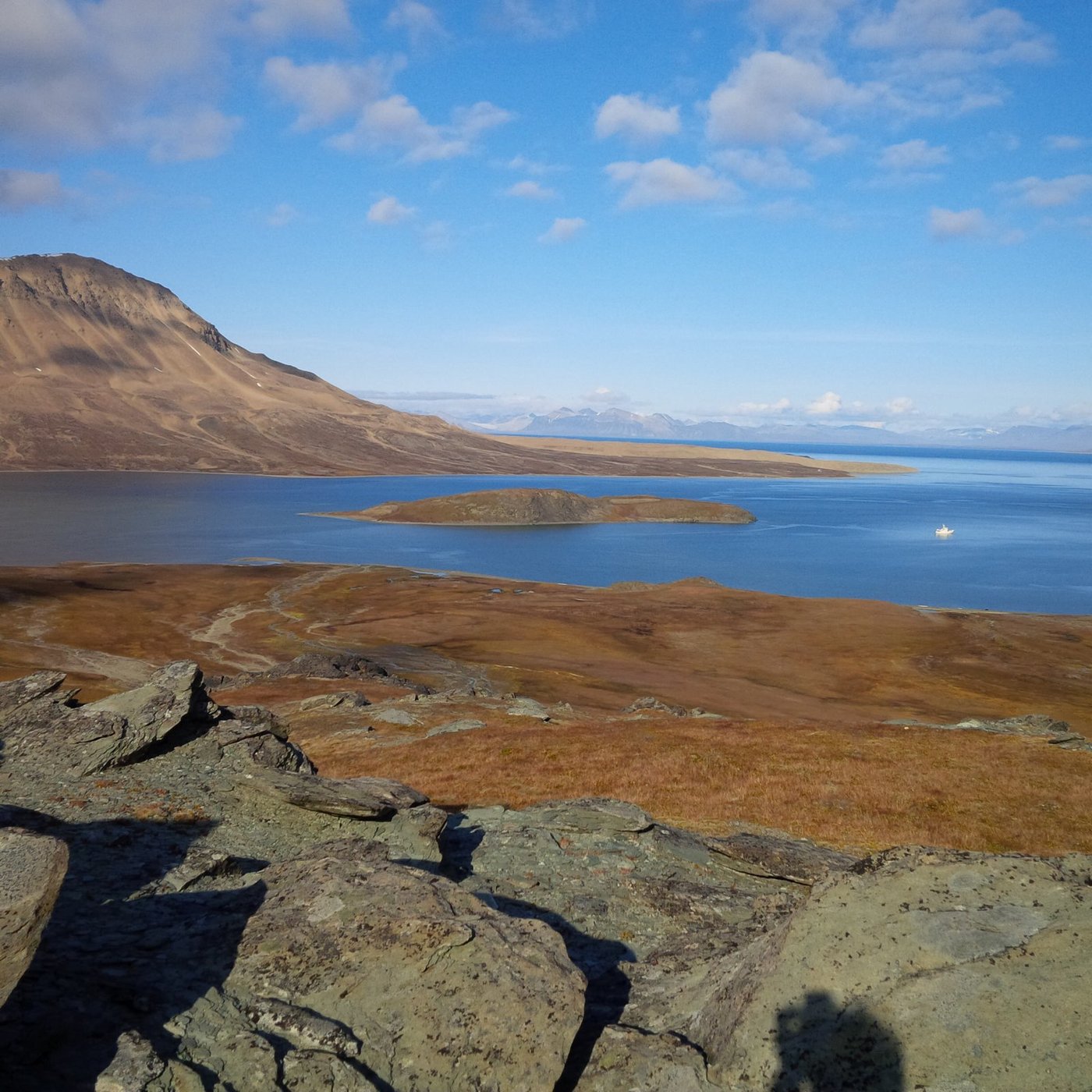 Reinholmen Island in the fjord, viewed from the shore